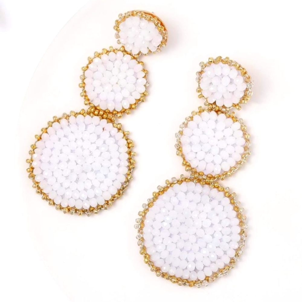 White Beaded Triple Tier Earrings Big Bold Bohemian Beads Summer Festival New